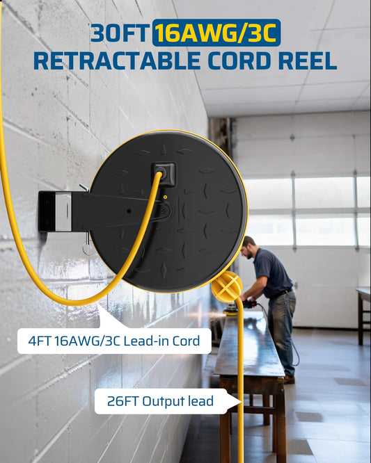 Retractable Extension Cord Reel, Metal Reel with 30 FT Power Cord