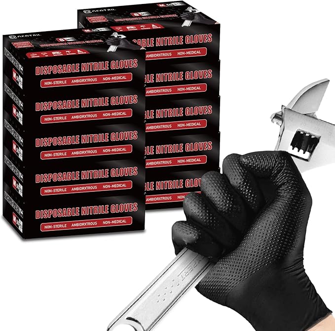 8 Mil Heavy Duty Disposable Nitrile Gloves with Raised Diamond Texture Grip Rubber Gloves, Latex & Powder Free