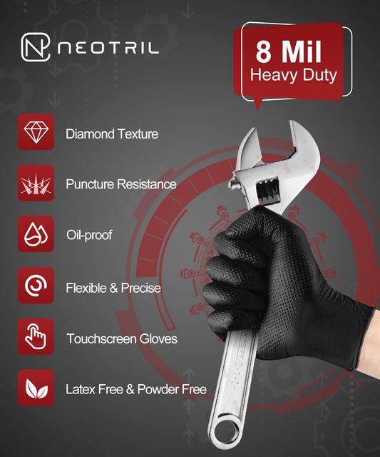 8 Mil Heavy Duty Disposable Nitrile Gloves with Raised Diamond Texture Grip Rubber Gloves, Latex & Powder Free