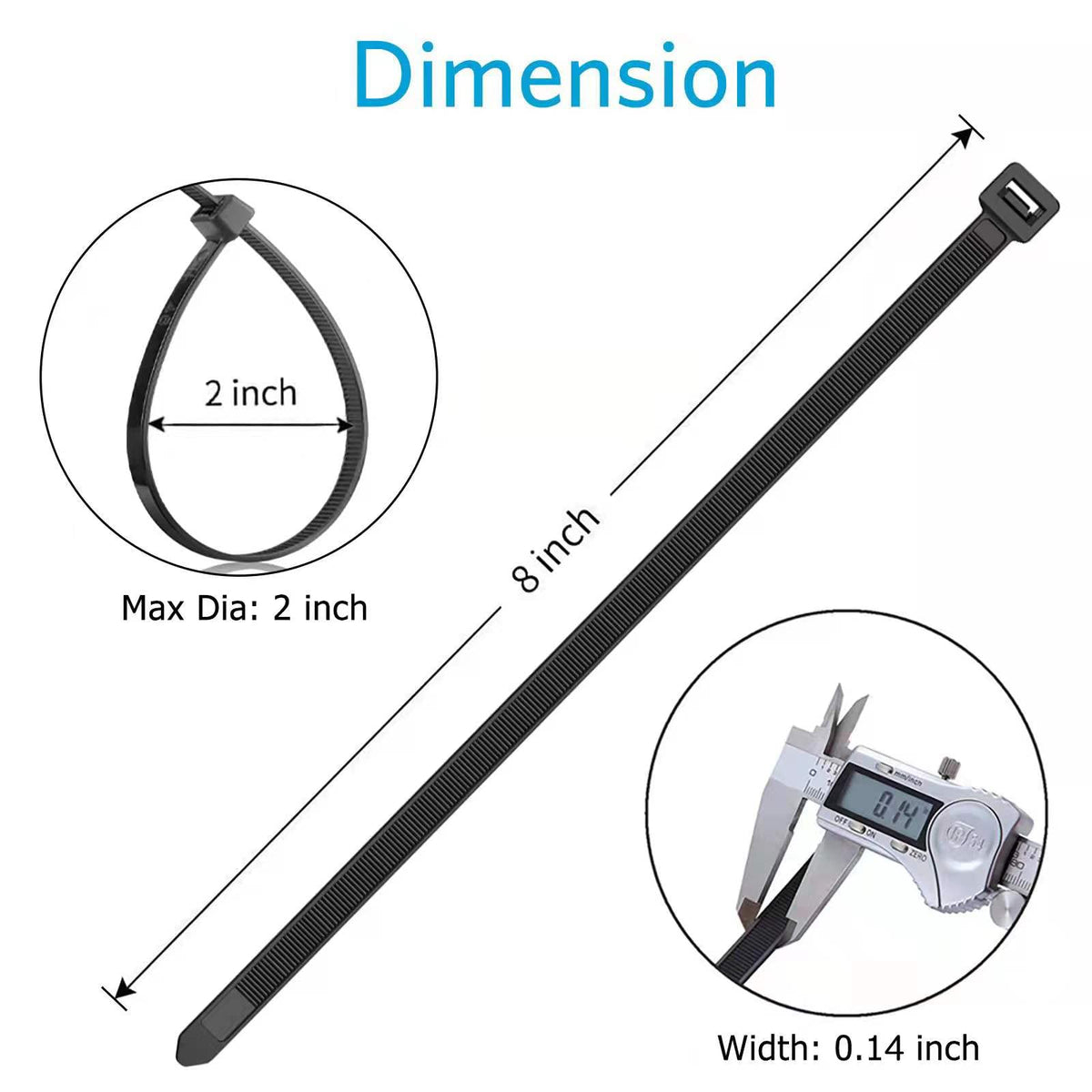 8 inch Zip Ties, 40lbs Tensile Strength, Black Cable Ties