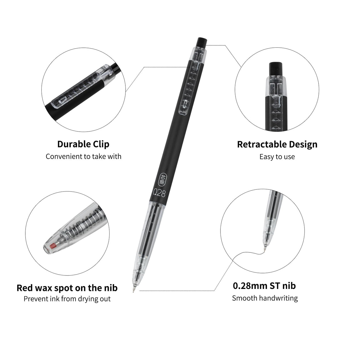 Gel Pens 0.28mm Extra Fine Point Pen, Black Ink, Ball Point Pen 6 Pack
