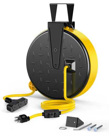 Retractable Extension Cord Reel, Metal Reel with 30 FT Power Cord