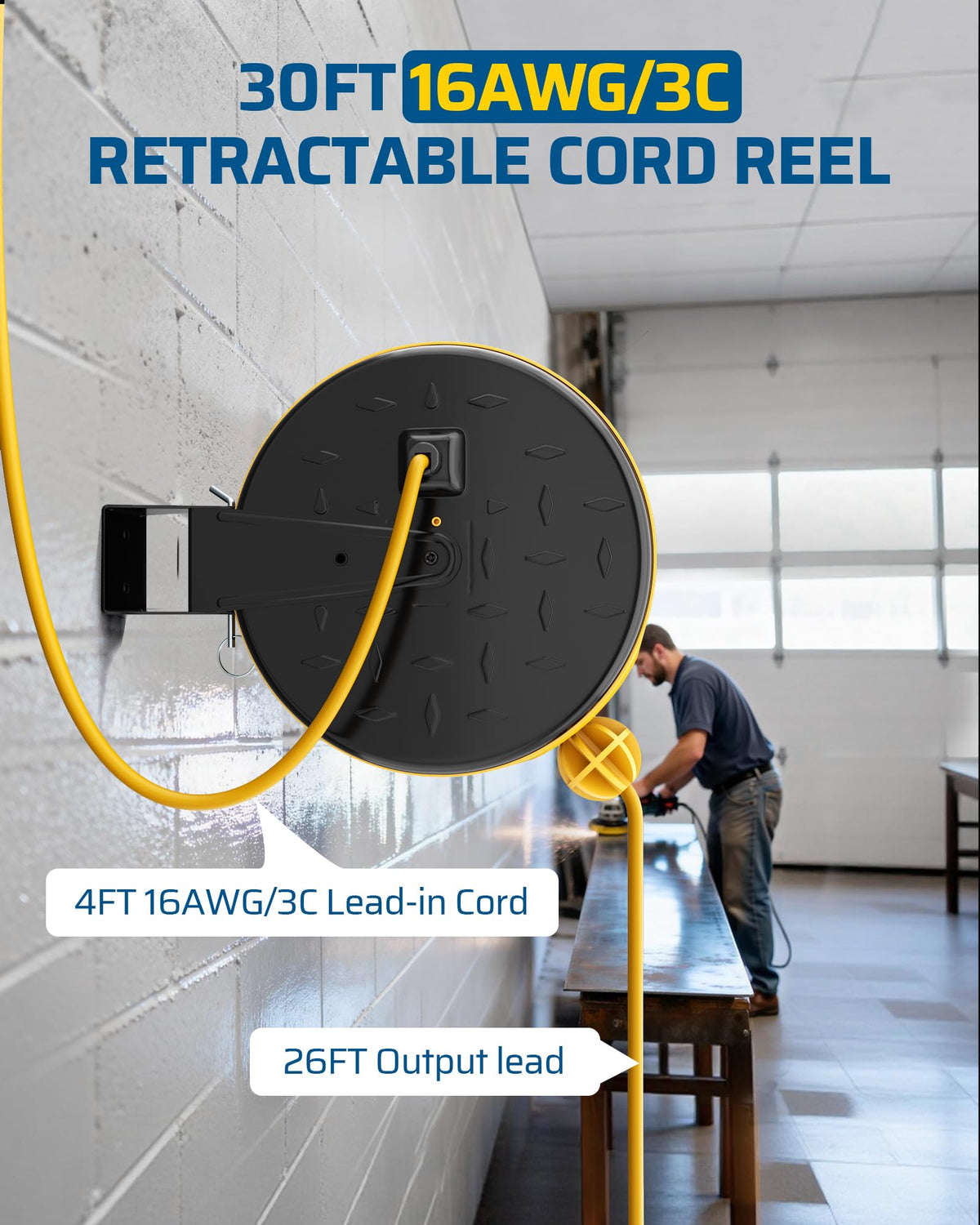 Retractable Extension Cord Reel, Metal Reel with 30 FT Power Cord