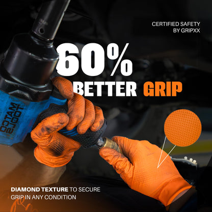 Heavy Duty 8Mil Orange Nitrile Gloves,3D Raised Diamond Texture-Latex & Powder Free-Industrial, Mechanic