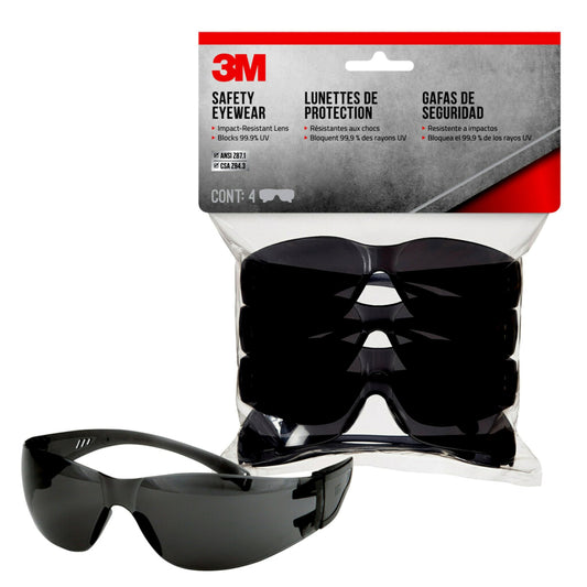3M Outdoor Safety Eyewear, Anti-Scratch, Black, Gray Lens, 4-Pack