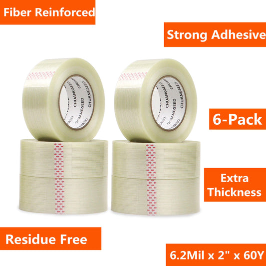 6-Pack Mono Filament Strapping Tape 6.2mil x 2Inch x 60yds Commodity Grade Heavy Duty Transparent Reinforced Fiberglass Tape