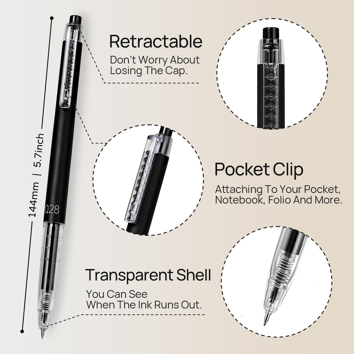.28 mm Japanese Retractable Black Gel Roller Pens Pack of 8