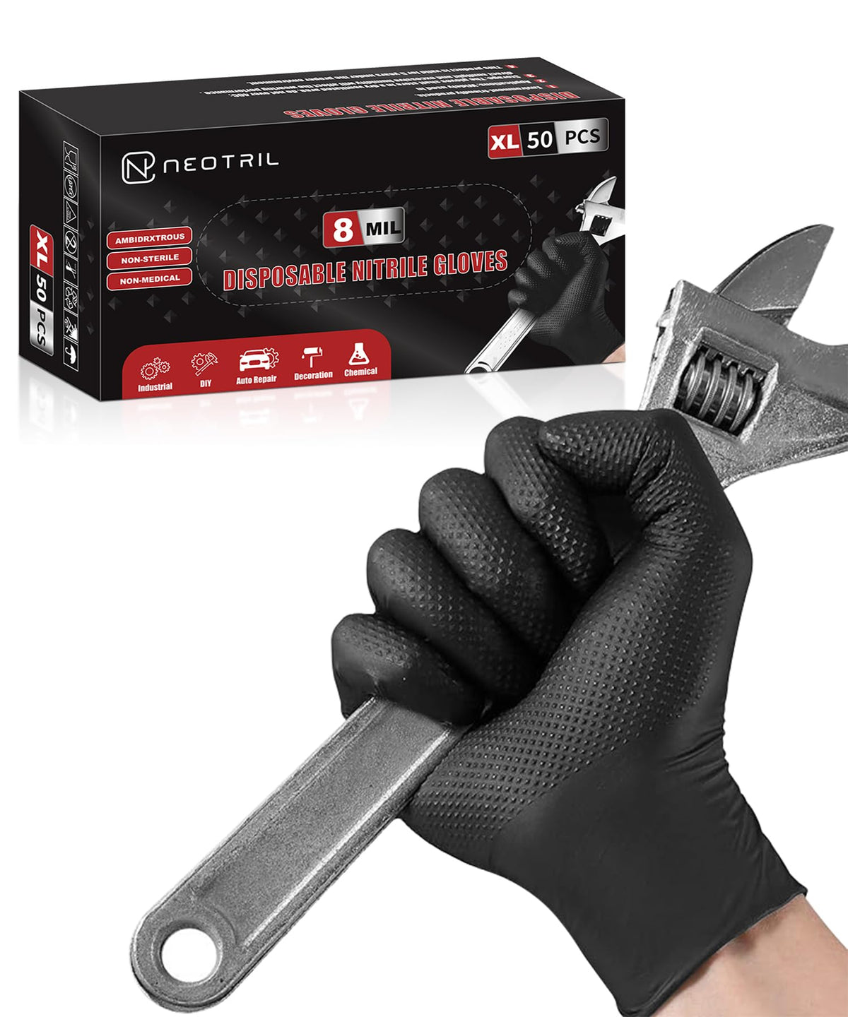 8 Mil Heavy Duty Disposable Nitrile Gloves with Raised Diamond Texture Grip Rubber Gloves, Latex & Powder Free