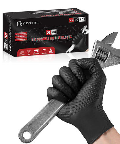 8 Mil Heavy Duty Disposable Nitrile Gloves with Raised Diamond Texture Grip Rubber Gloves, Latex & Powder Free