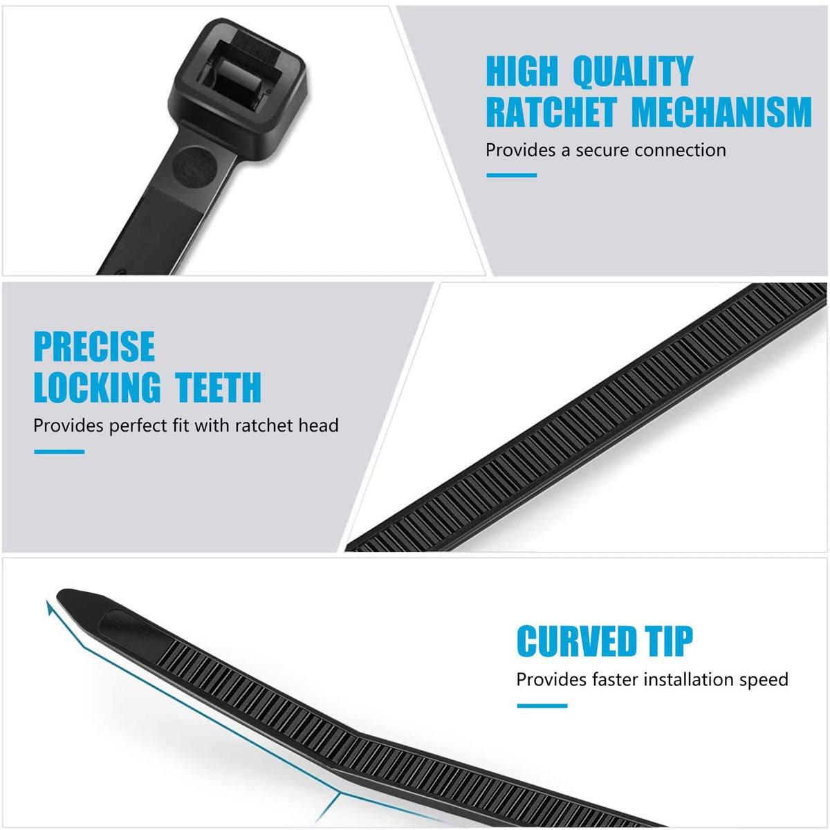 8 inch Zip Ties, 40lbs Tensile Strength, Black Cable Ties
