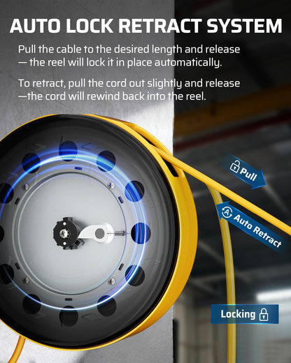 Retractable Extension Cord Reel, Metal Reel with 30 FT Power Cord