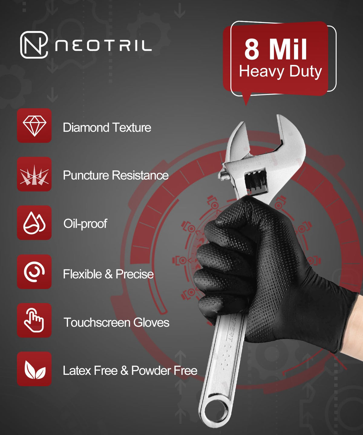 8 Mil Heavy Duty Disposable Nitrile Gloves with Raised Diamond Texture Grip Rubber Gloves, Latex & Powder Free