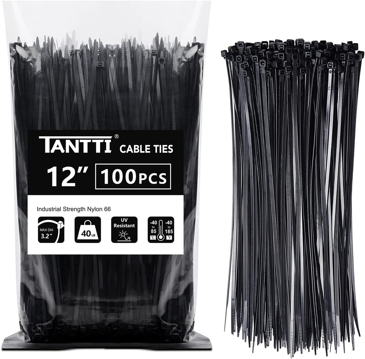 12 inch Zip Ties, Black Zip Ties, 40lb, Cable Ties