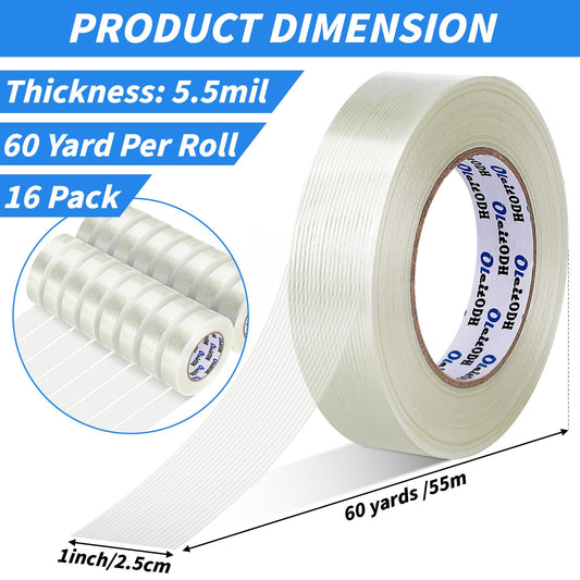 16 Rolls Strapping Tape 1 Inch x 60 Yards 5.5 Mil Fiberglass Tape