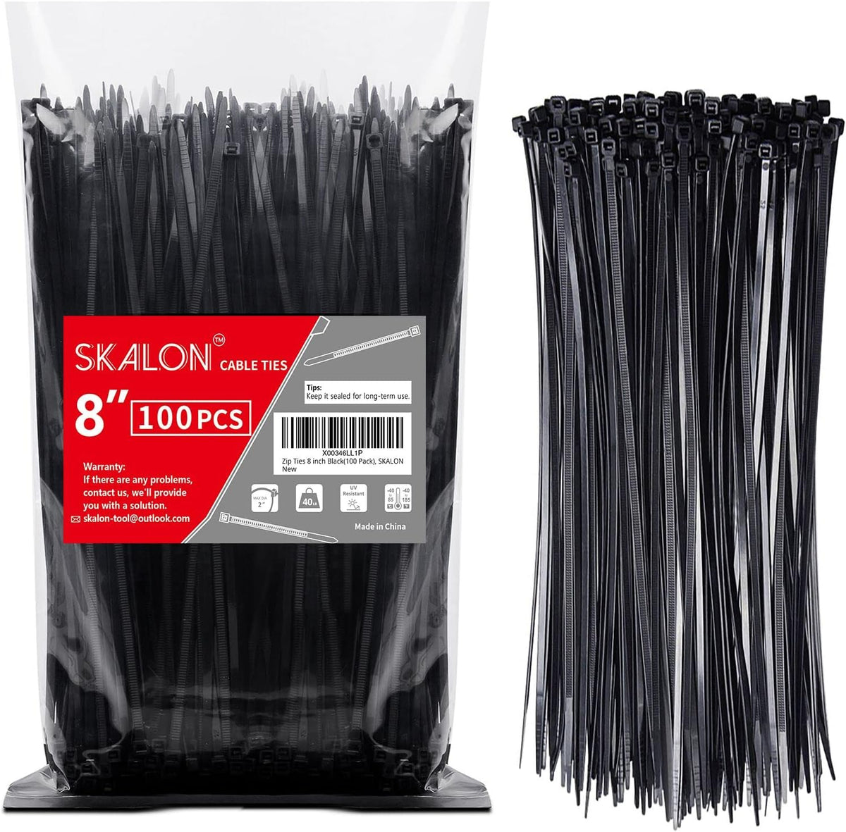 8 inch Zip Ties, 40lbs Tensile Strength, Black Cable Ties