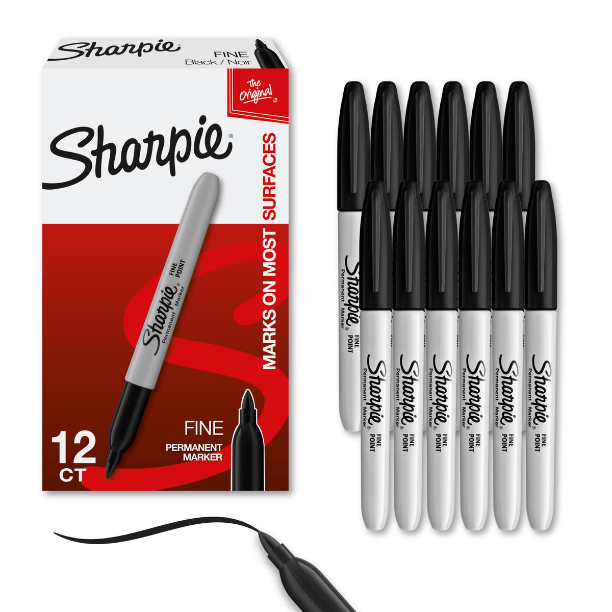 Sharpie Permanent Markers Fine Tip Black, 12 Count