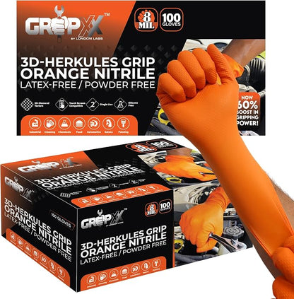 Heavy Duty 8Mil Orange Nitrile Gloves,3D Raised Diamond Texture-Latex & Powder Free-Industrial, Mechanic