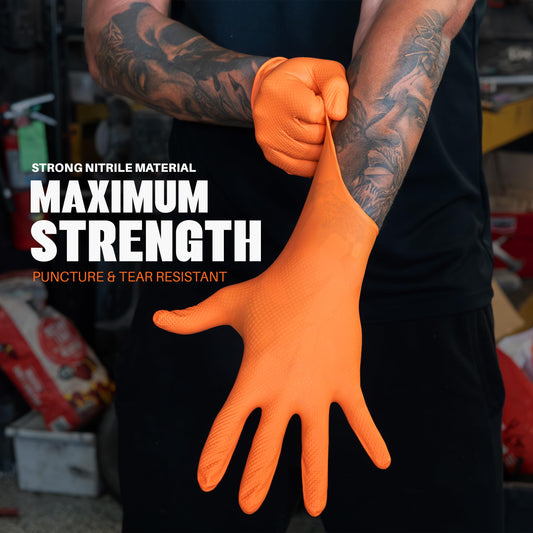 Heavy Duty 8Mil Orange Nitrile Gloves,3D Raised Diamond Texture-Latex & Powder Free-Industrial, Mechanic
