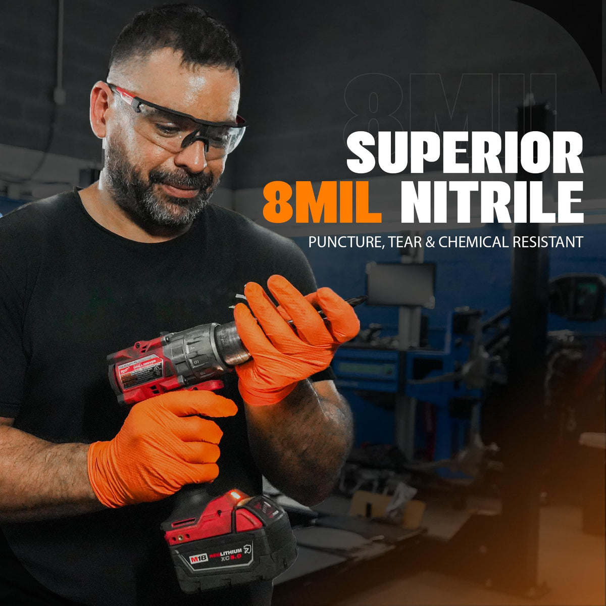 Heavy Duty 8Mil Orange Nitrile Gloves,3D Raised Diamond Texture-Latex & Powder Free-Industrial, Mechanic