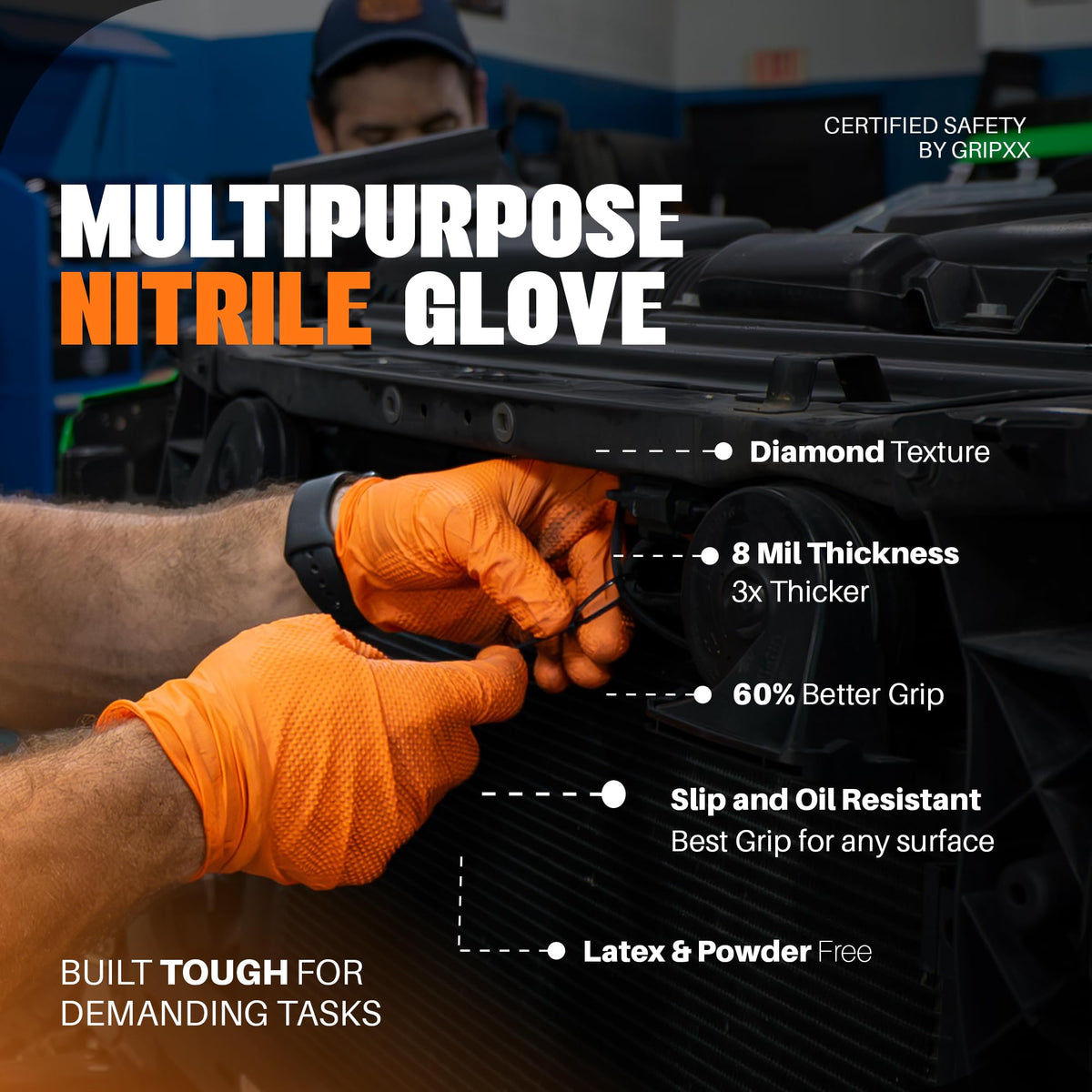 Heavy Duty 8Mil Orange Nitrile Gloves,3D Raised Diamond Texture-Latex & Powder Free-Industrial, Mechanic