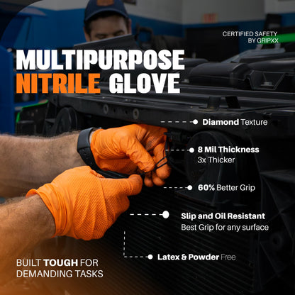 Heavy Duty 8Mil Orange Nitrile Gloves,3D Raised Diamond Texture-Latex & Powder Free-Industrial, Mechanic