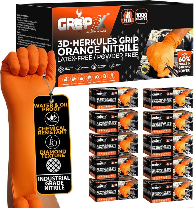 Heavy Duty 8Mil Orange Nitrile Gloves,3D Raised Diamond Texture-Latex & Powder Free-Industrial, Mechanic