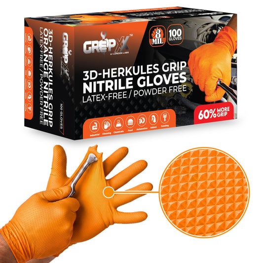 Heavy Duty 8Mil Orange Nitrile Gloves,3D Raised Diamond Texture-Latex & Powder Free-Industrial, Mechanic